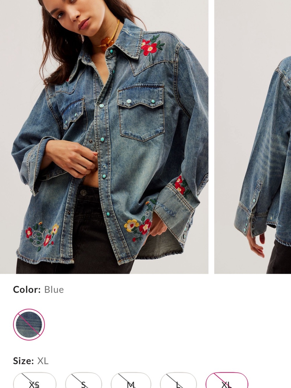 Free People Blue Embroidered Denim Button-Down Shirt